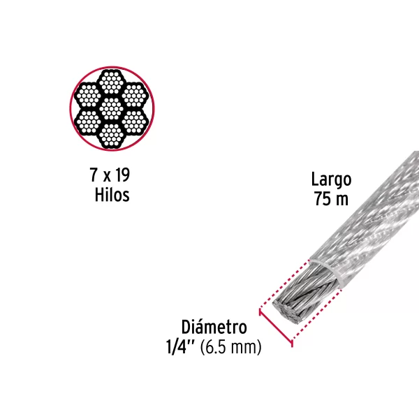 Metro cable flexible 1/4' acero 7x19 recubierto PVC, 75 m 44224 CAB-1/4FX - Image 2