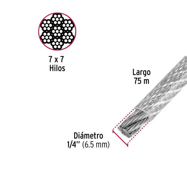 Metro de cable rígido 1/4' acero 7x7 recubierto PVC, 75 m 44218 CAB-1/4RX - Image 2
