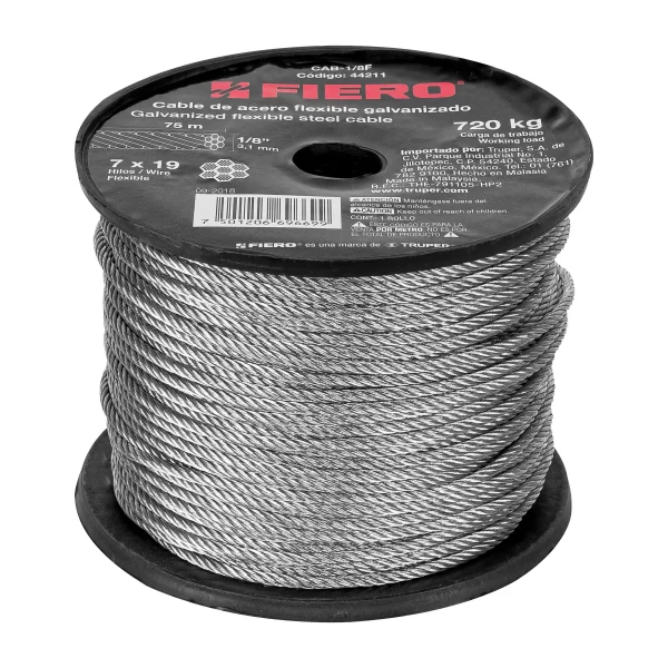 Metro de cable flexible 1/8' de acero 7x19 hilos, 75 m 44211 CAB-1/8F