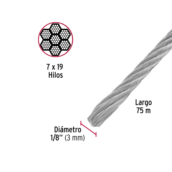 Metro de cable flexible 1/8' de acero 7x19 hilos, 75 m 44211 CAB-1/8F - Image 3