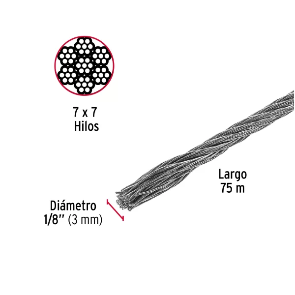 Metro de cable rígido 1/8' de acero 7x7 hilos, 75 m, FIERO 44205 CAB-1/8R - Image 2