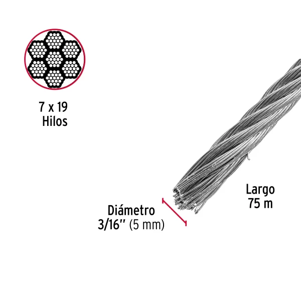 Metro de cable flexible 3/16' de acero 7x19 hilos, 75 m 44212 CAB-3/16F - Image 3