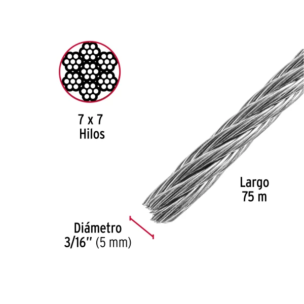 Metro de cable rígido 3/16' de acero 7x7 hilos, 75 m, FIERO 44206 CAB-3/16R - Image 3