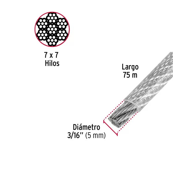 Metro de cable rígido 3/16' acero 7x7 recubierto PVC, 75 m 44217 CAB-3/16RX - Image 2