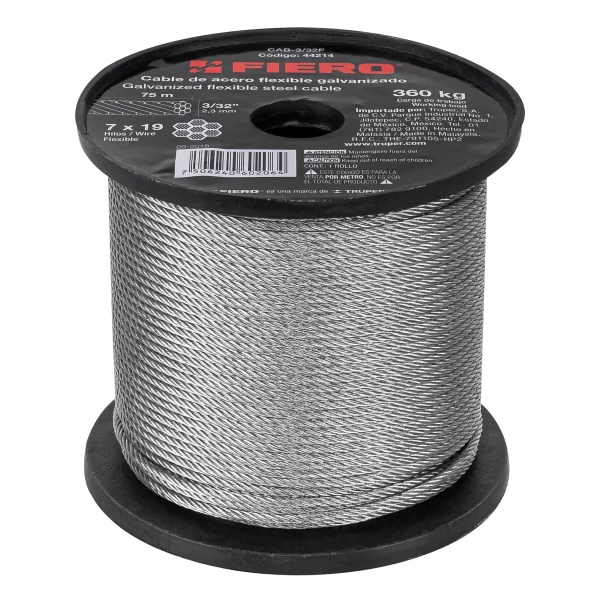 Metro de cable flexible 3/32' de acero 7x19 hilos, 75 m 44214 CAB-3/32F