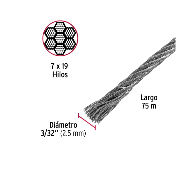 Metro de cable flexible 3/32' de acero 7x19 hilos, 75 m 44214 CAB-3/32F - Image 3