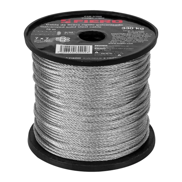 Metro de cable rígido 3/32' de acero 7x7 hilos, 75 m, FIERO 44209 CAB-3/32R