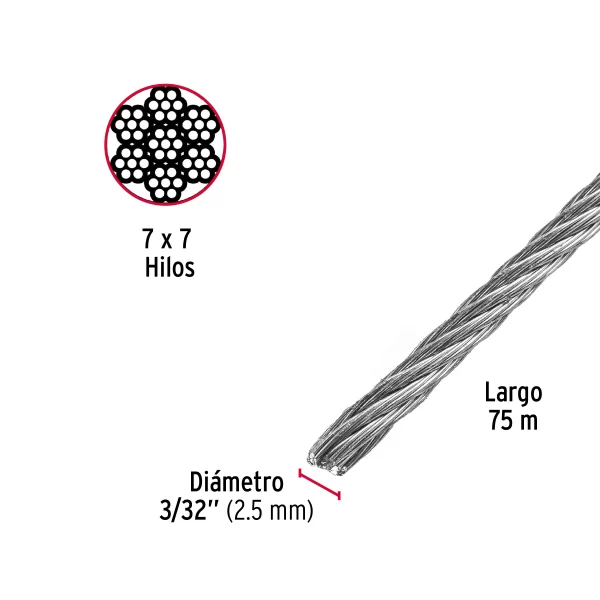 Metro de cable rígido 3/32' de acero 7x7 hilos, 75 m, FIERO 44209 CAB-3/32R - Image 3