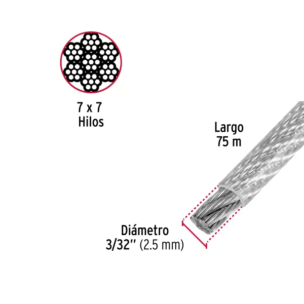 Metro de cable rígido 3/32' acero 7x7 recubierto PVC, 75 m 44221 CAB-3/32RX - Image 2